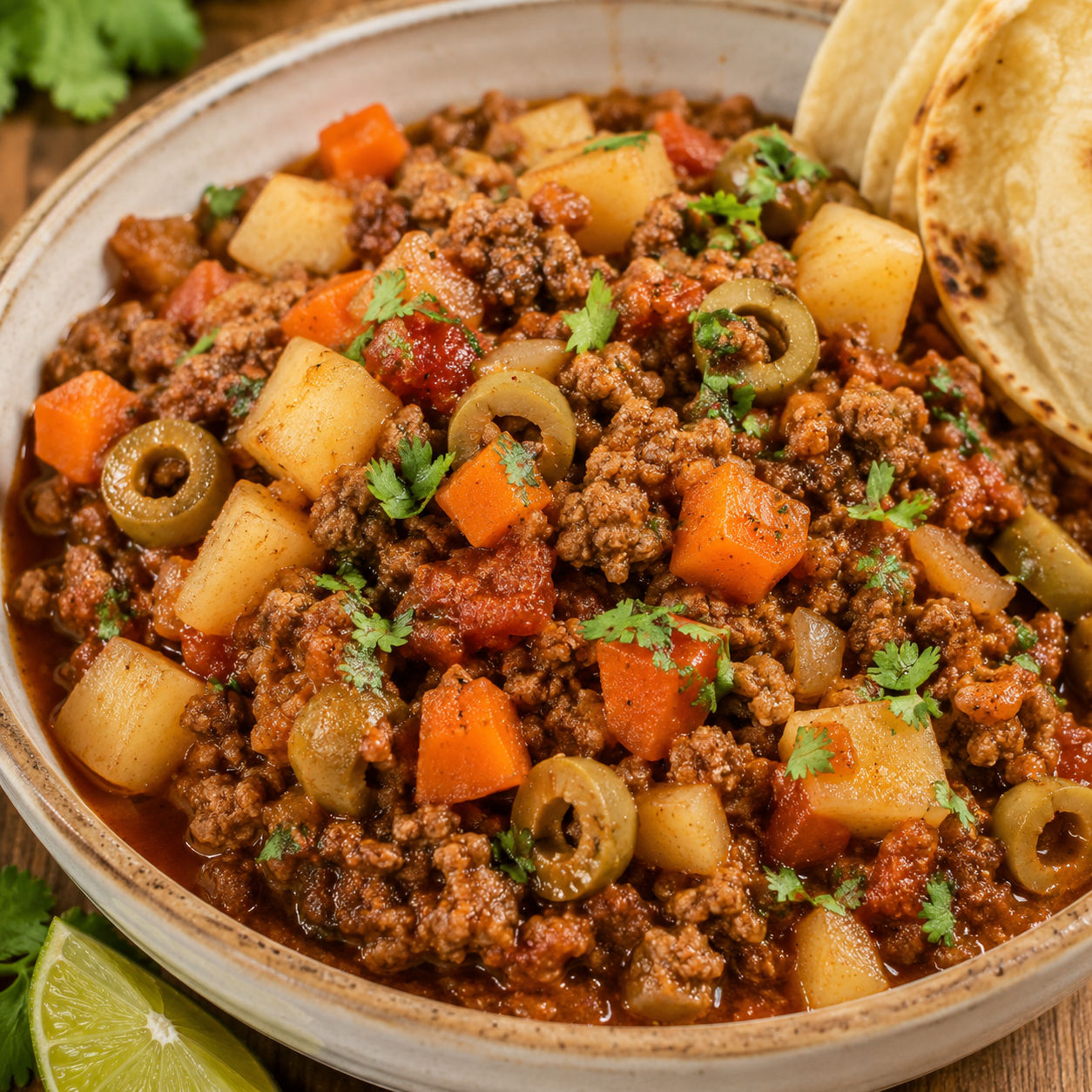Mexican picadillo with potatoes, carrots, cilantro, and tortillas