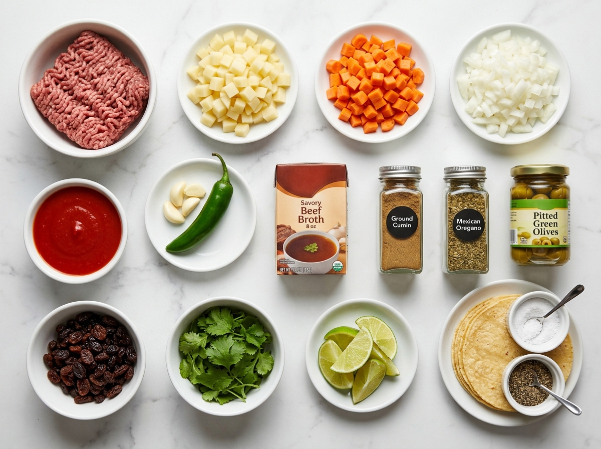 Ingredients for Mexican picadillo with beef, potatoes, tomato sauce, and chiles