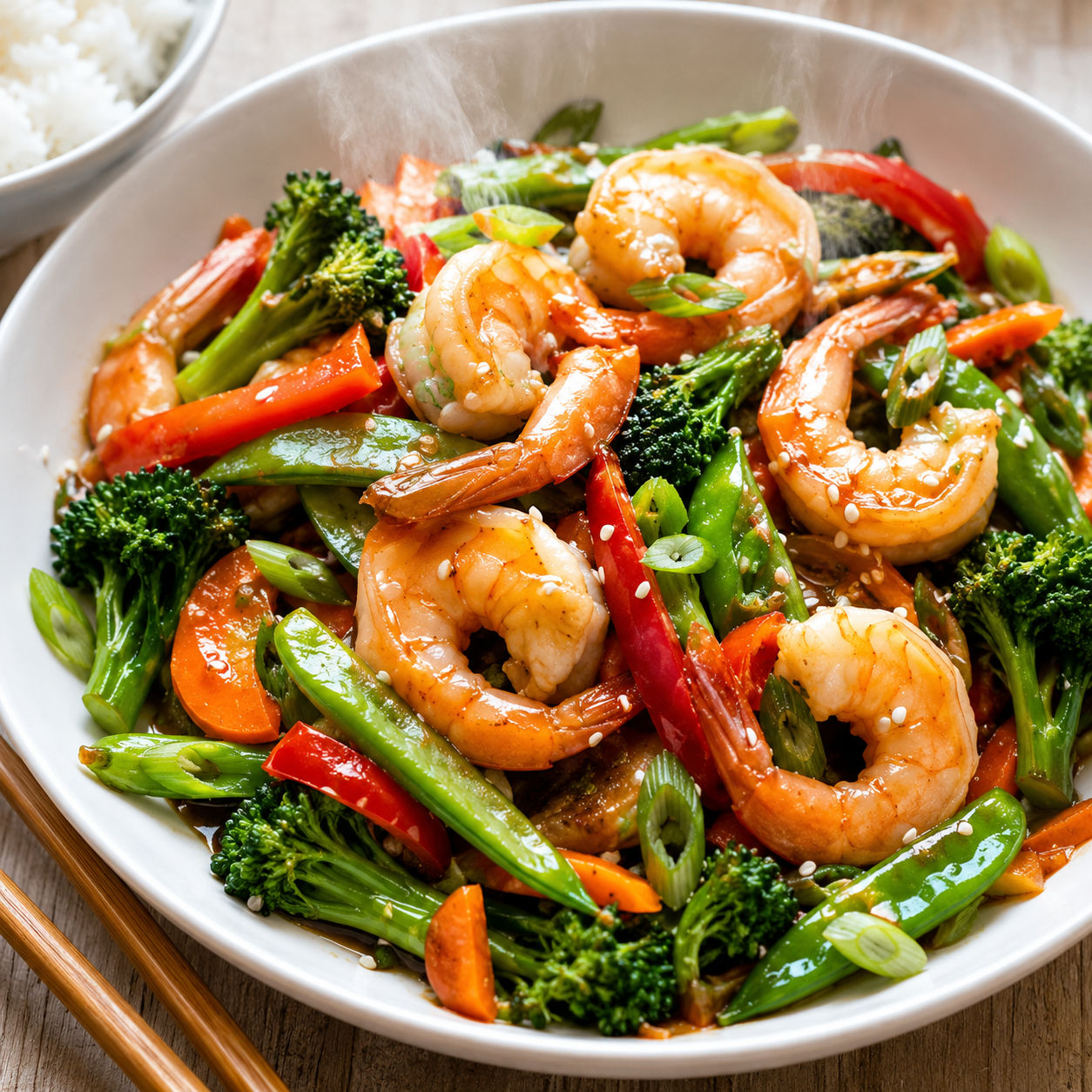 Shrimp stir fry with broccoli, peppers, snow peas, and glossy sauce