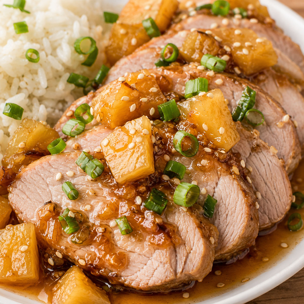 Sliced pineapple pork loin with glossy sauce and green onions