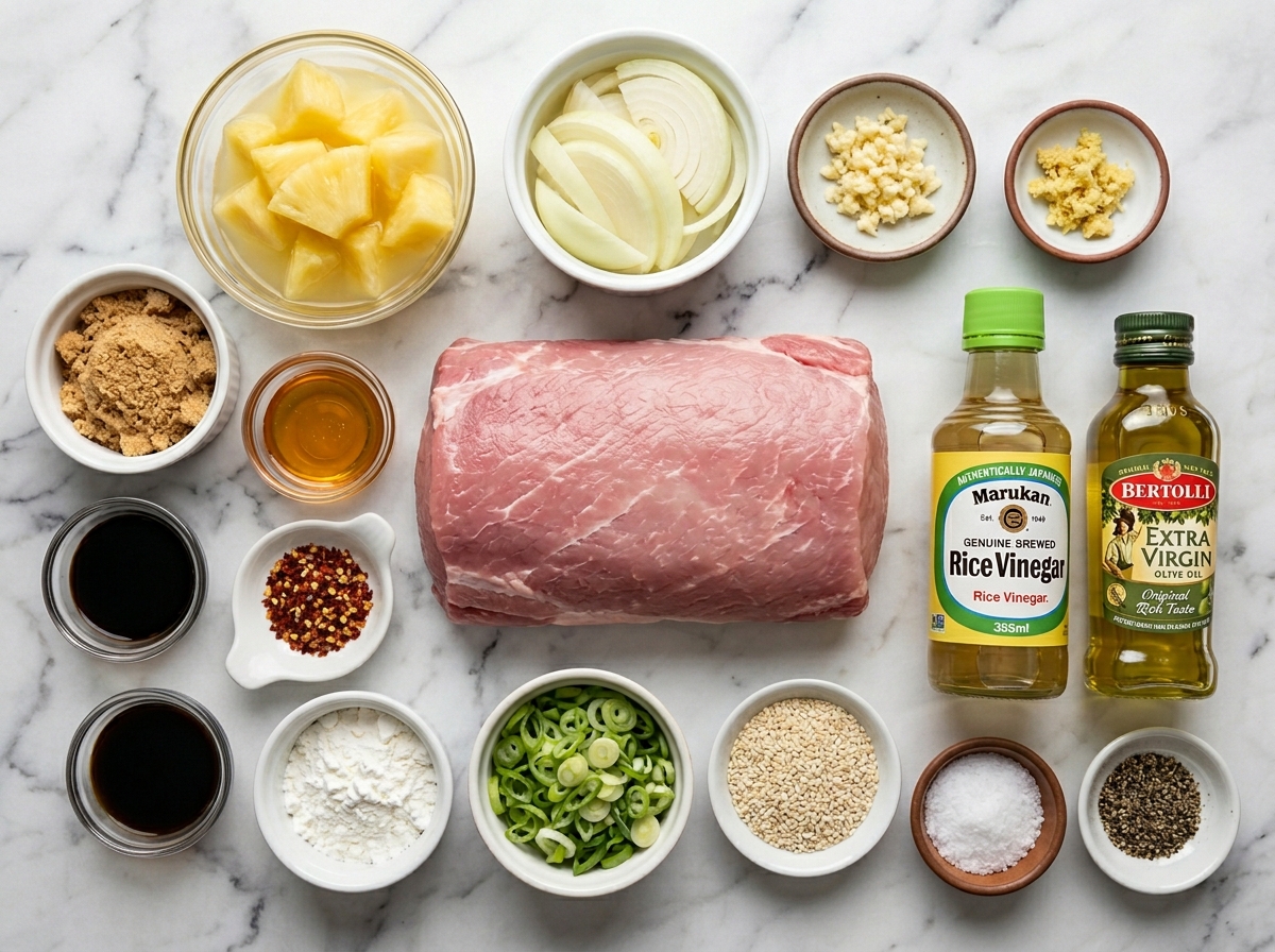 Ingredients for pineapple pork loin with pork, pineapple, onion, garlic, and ginger