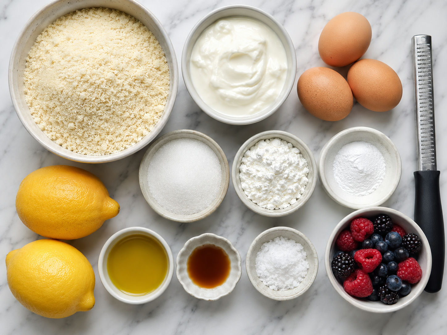 Ingredients for flourless lemon Greek yogurt cake on a marble surface