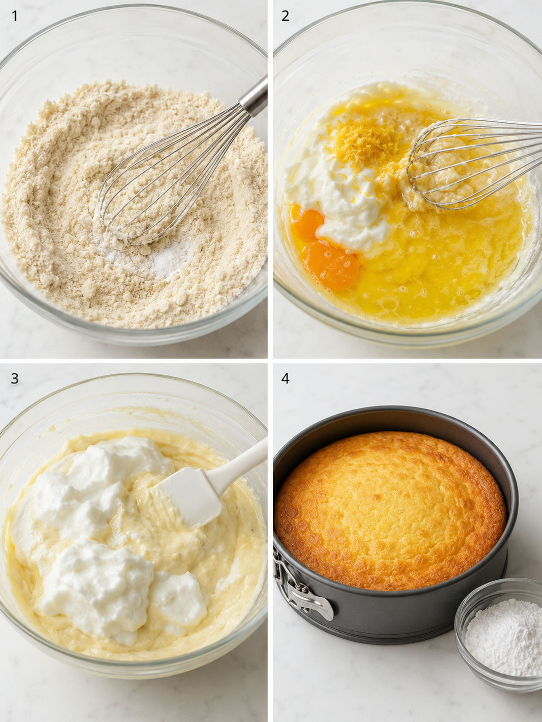 Four steps for making flourless lemon Greek yogurt cake