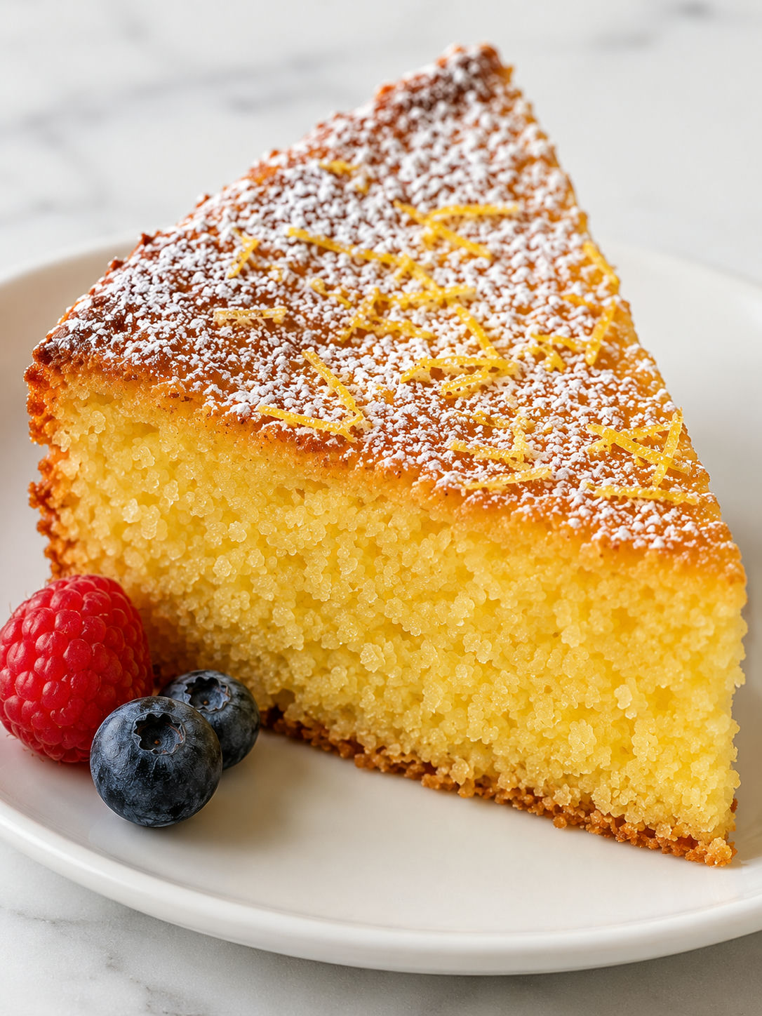 Flourless lemon Greek yogurt cake slice with lemon zest and berries