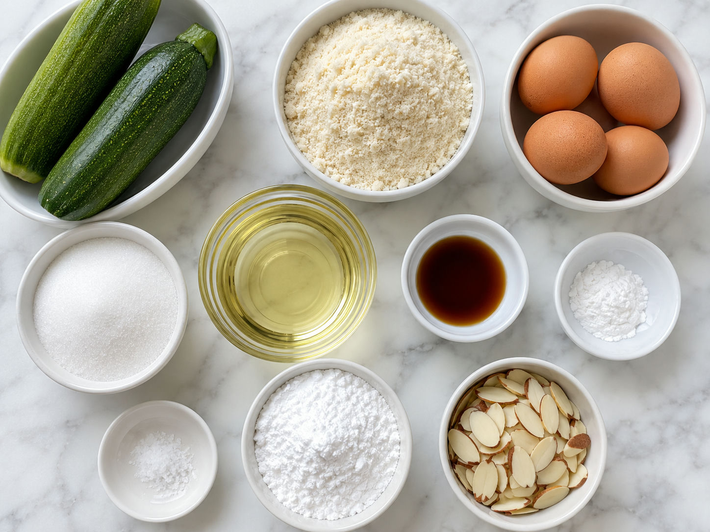 Ingredients for flourless lemon zucchini cake on a marble counter