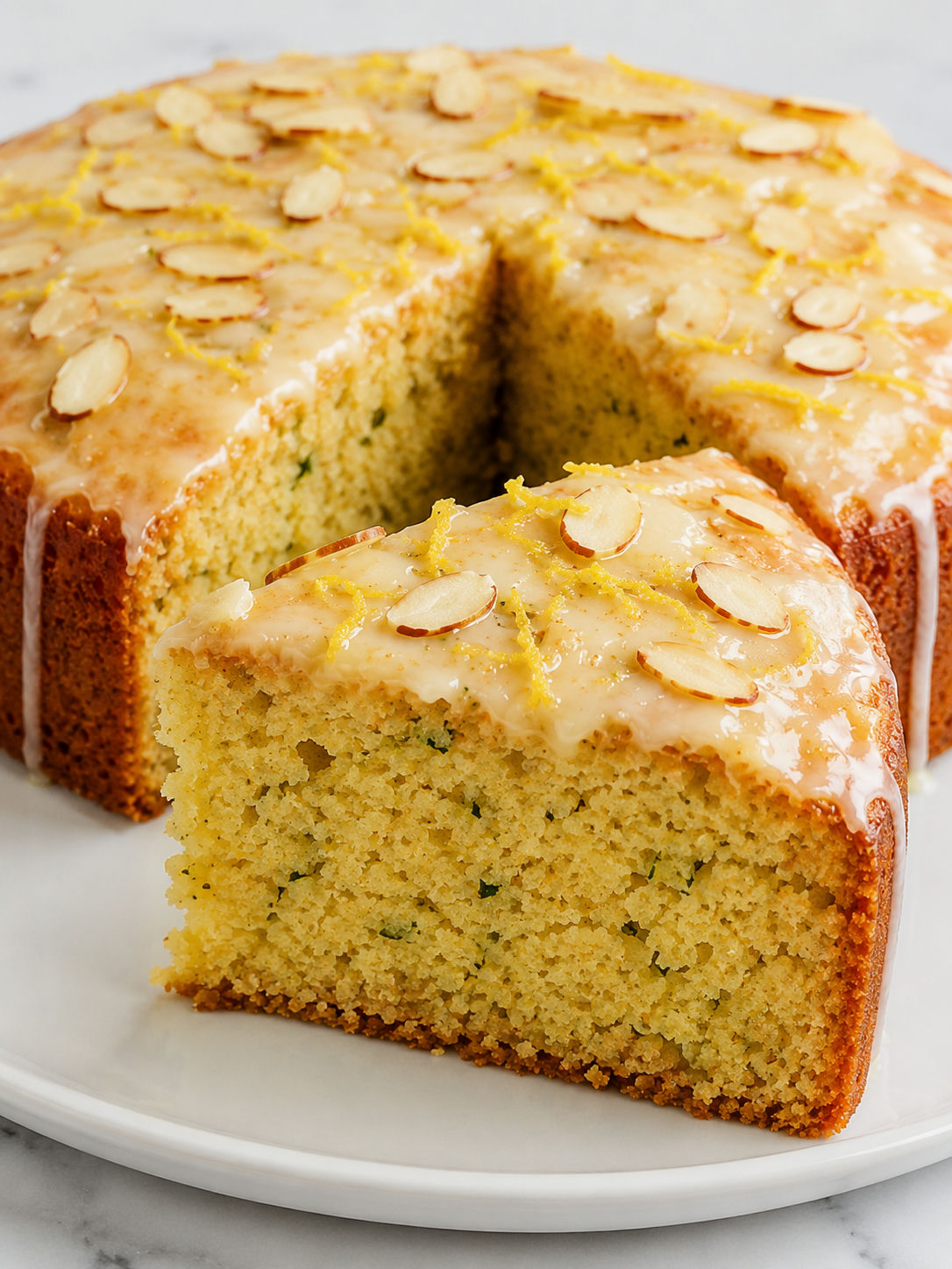 Moist slice of flourless lemon zucchini cake with lemon glaze