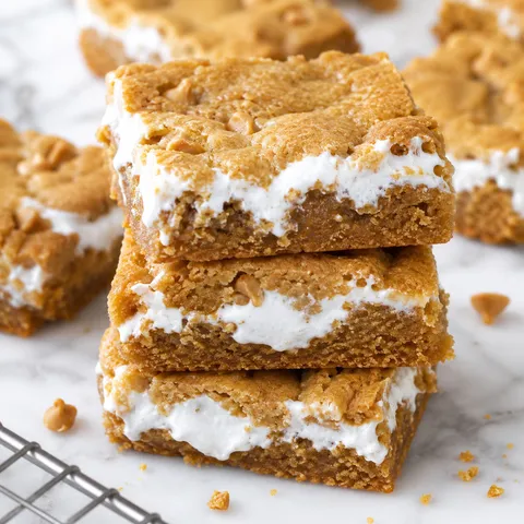 Fluffernutter bars with peanut butter cookie layers and gooey marshmallow filling