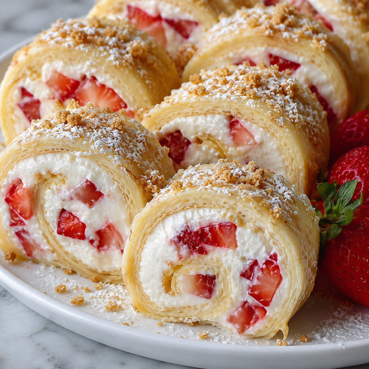 Strawberry cheesecake crepe rolls with crumbs and powdered sugar