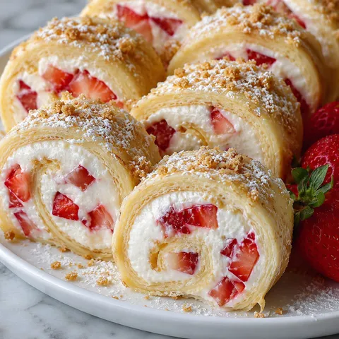 Strawberry cheesecake crepe rolls with crumbs and powdered sugar