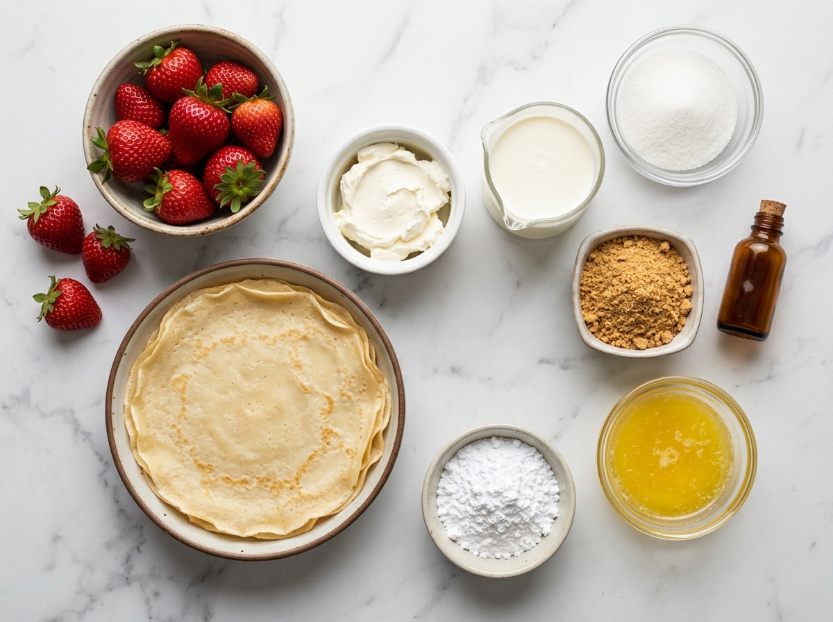 Ingredients for strawberry cheesecake crepe rolls on a marble surface