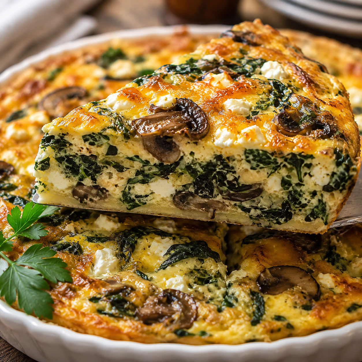 Spinach feta cheddar crustless quiche slice with a golden top