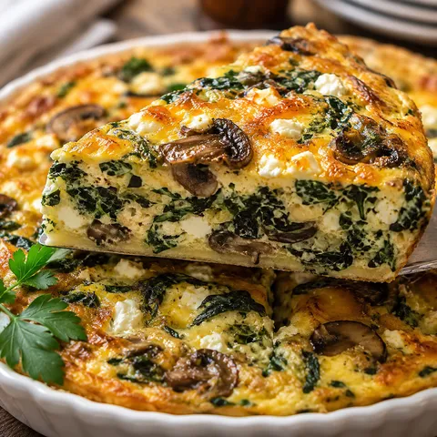 Spinach feta cheddar crustless quiche slice with a golden top