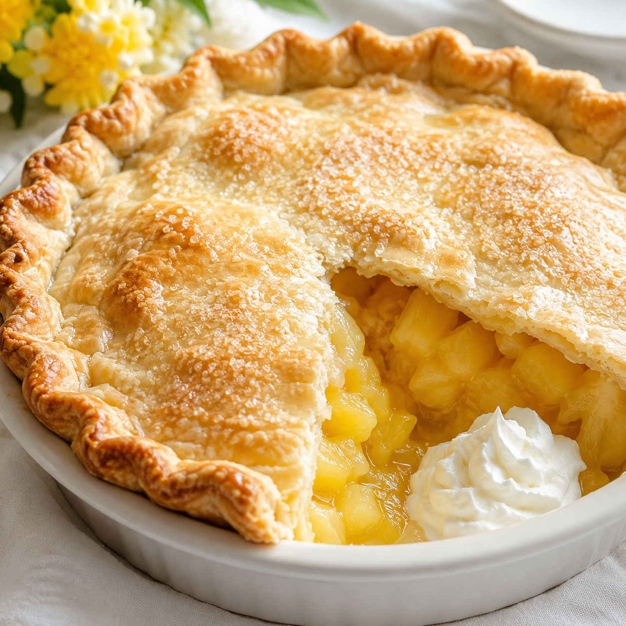 Fluffy Easter pineapple pie with golden crust and glossy pineapple filling