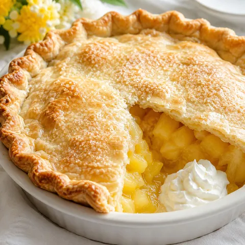 Fluffy Easter pineapple pie with golden crust and glossy pineapple filling