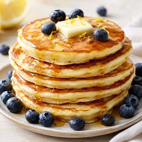 Stack of fluffy lemon ricotta pancakes with maple syrup and blueberries