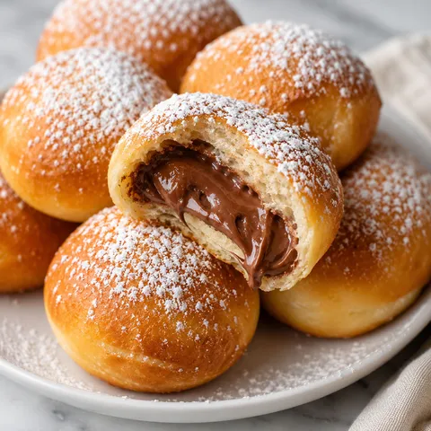 Golden Nutella bread bombs dusted with sugar on a white plate