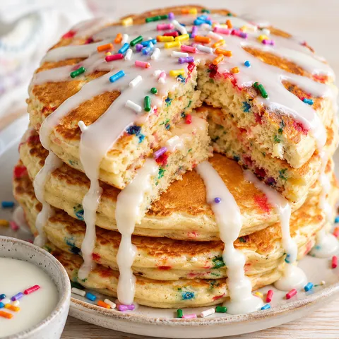Fluffy cake batter pancakes with vanilla glaze and rainbow sprinkles