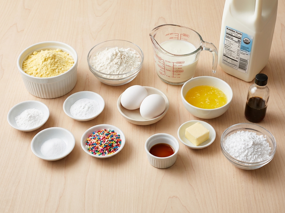 Ingredients for cake batter pancakes with sprinkles and buttermilk