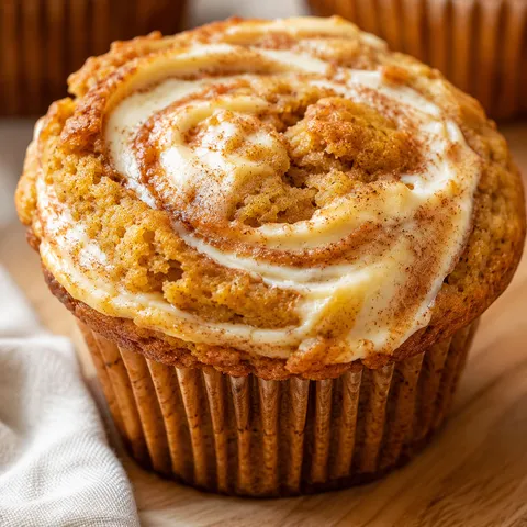 Fluffy pumpkin cream cheese swirl muffin with tall domed top and spice specks
