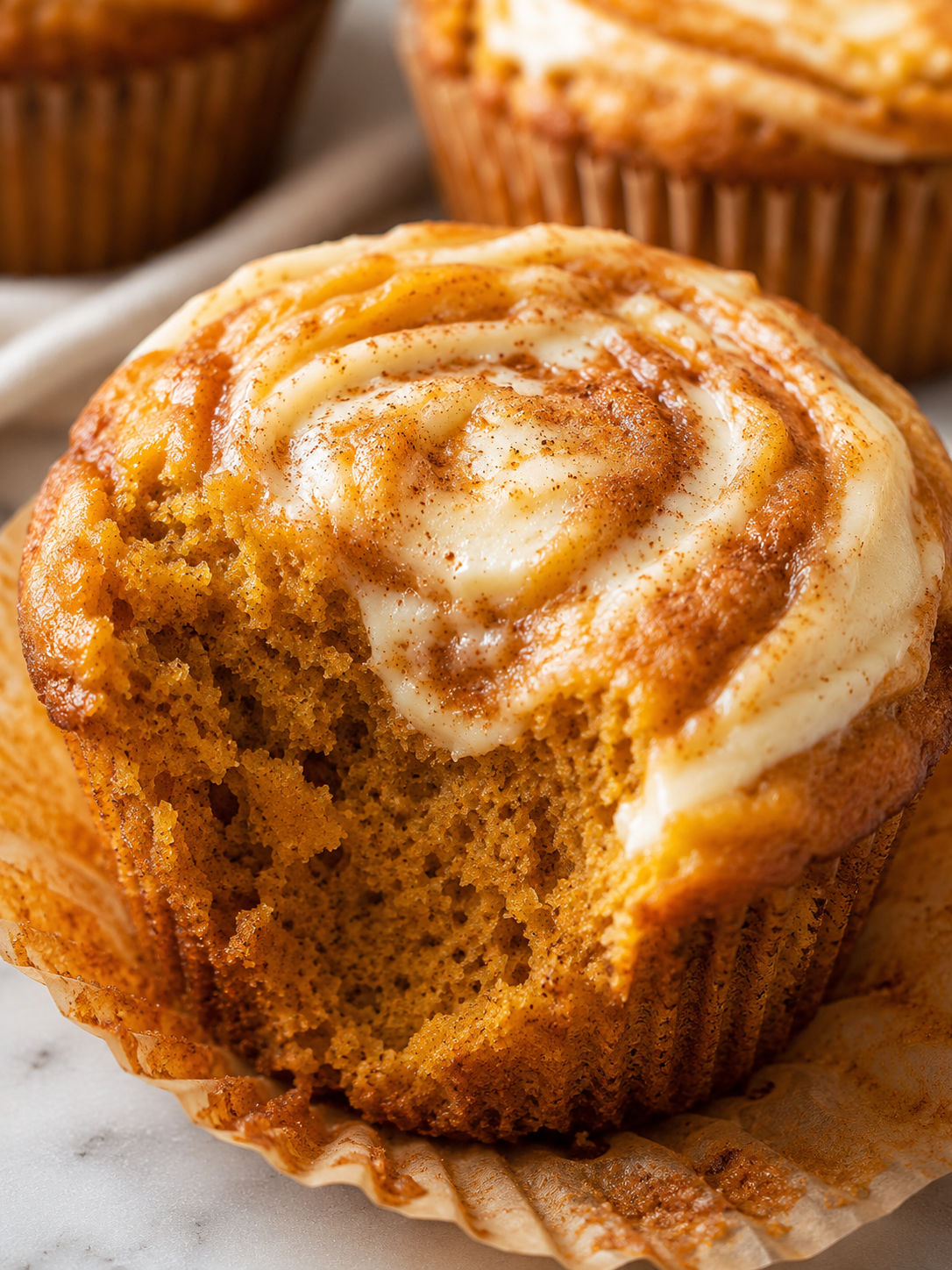 Fluffy Pumpkin Cream Cheese Swirl Muffins, plated and served