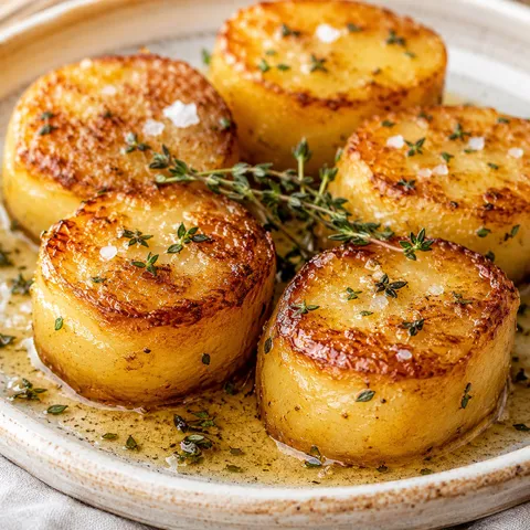 Golden fondant potatoes with thyme and buttery glaze on a ceramic plate