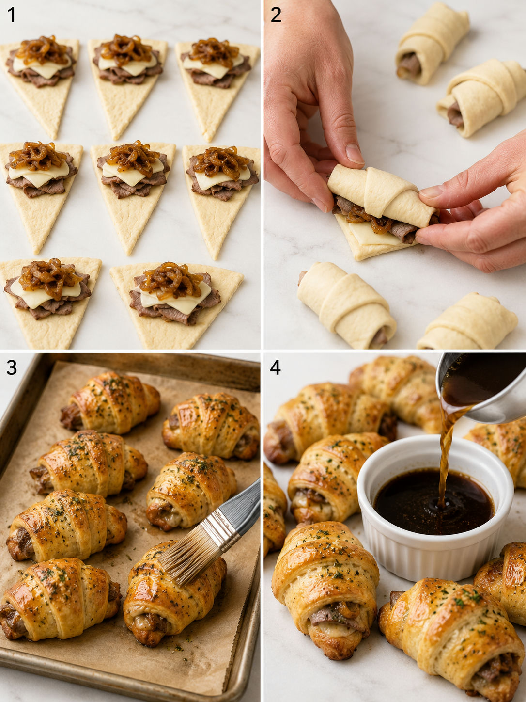 Steps for making French Dip Bites from filling to dipping sauce