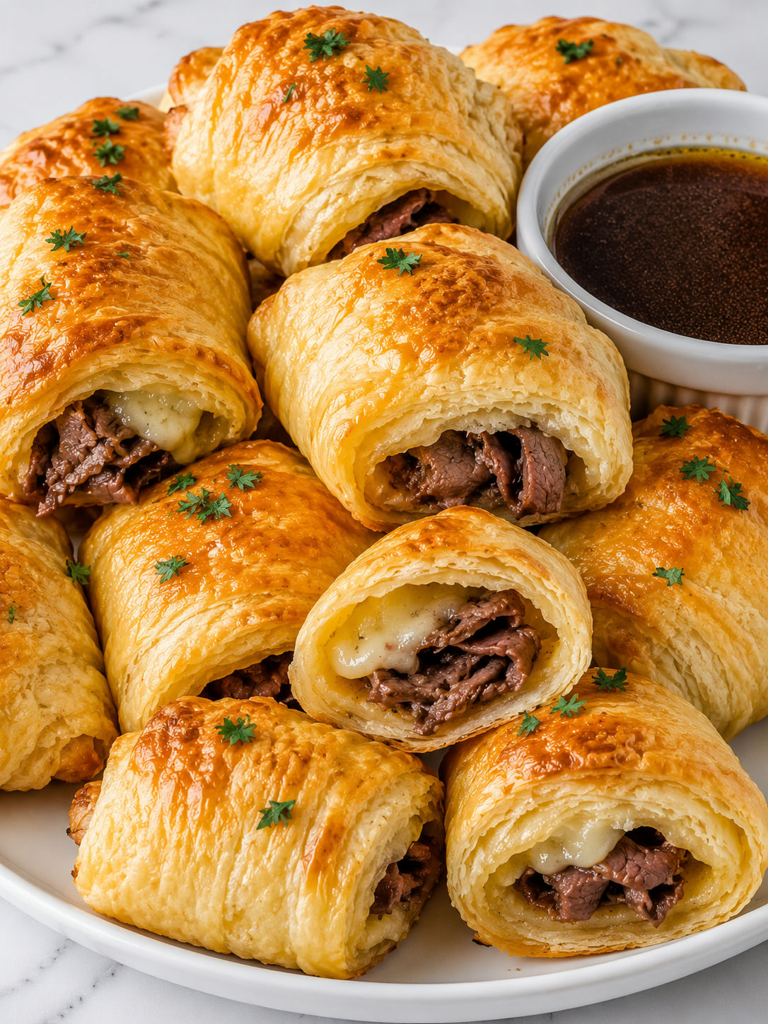 French Dip Bites piled with melted provolone and warm au jus