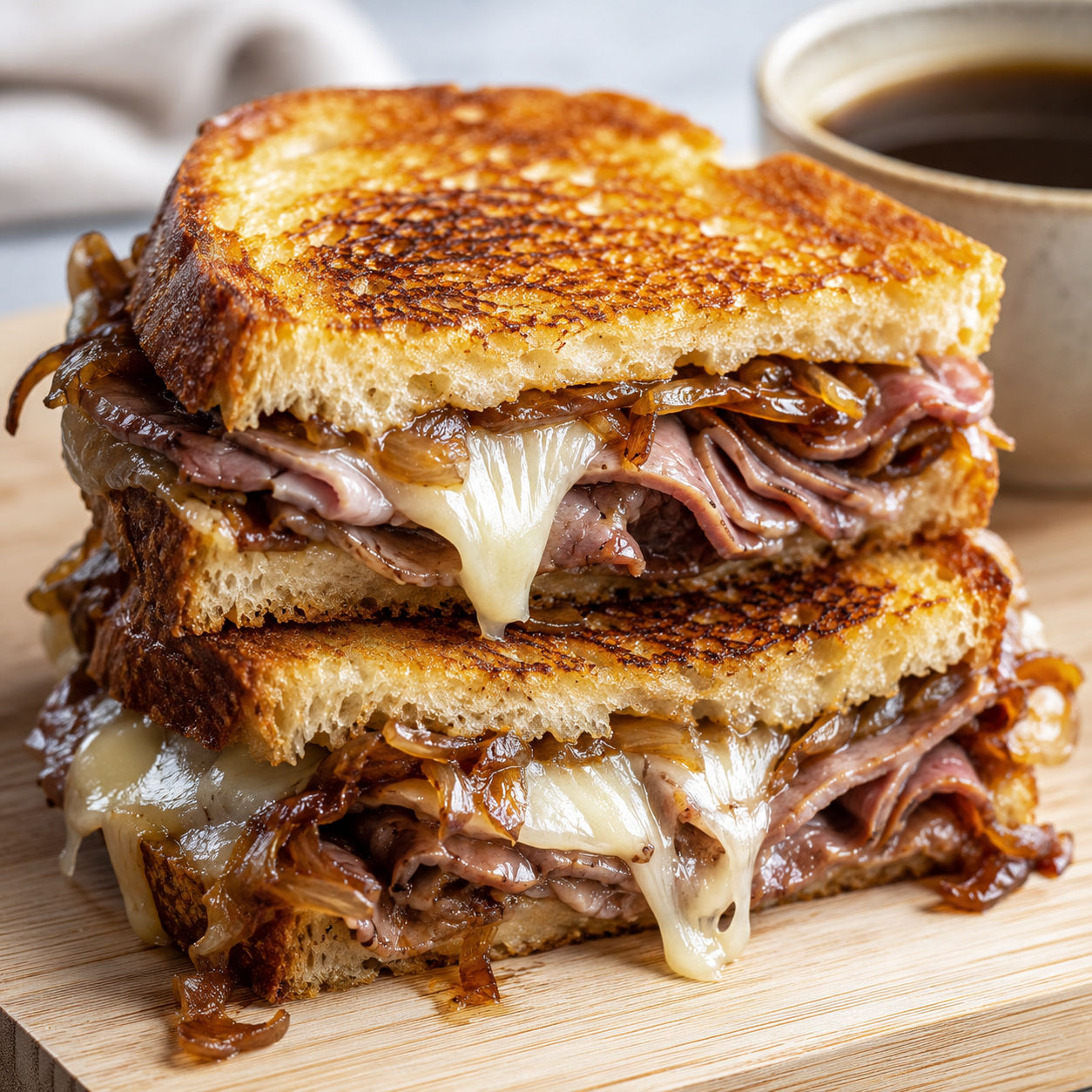 French dip grilled cheese with roast beef, onions, and au jus