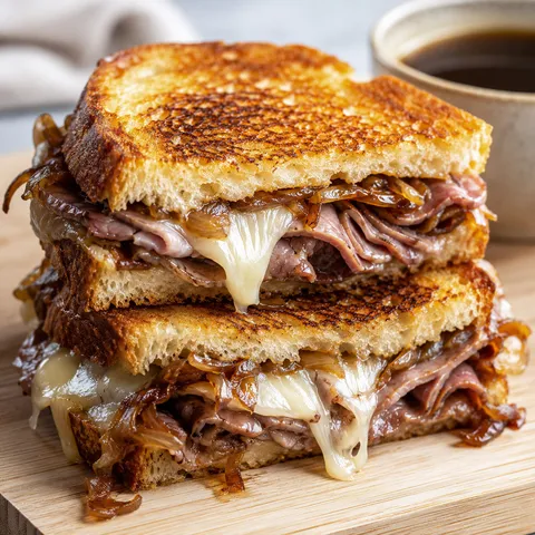 French dip grilled cheese with roast beef, onions, and au jus