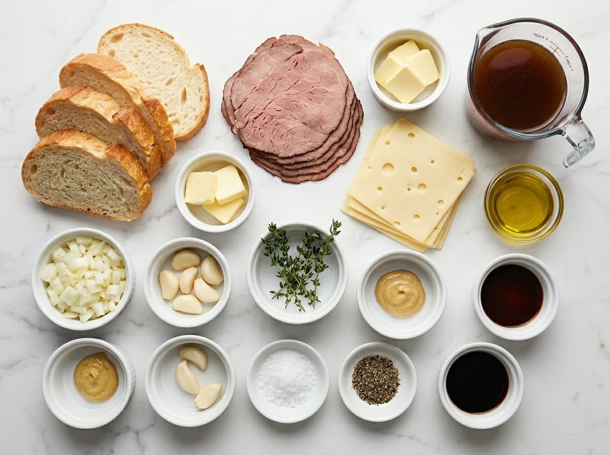 Ingredients for French dip grilled cheese with roast beef and onions