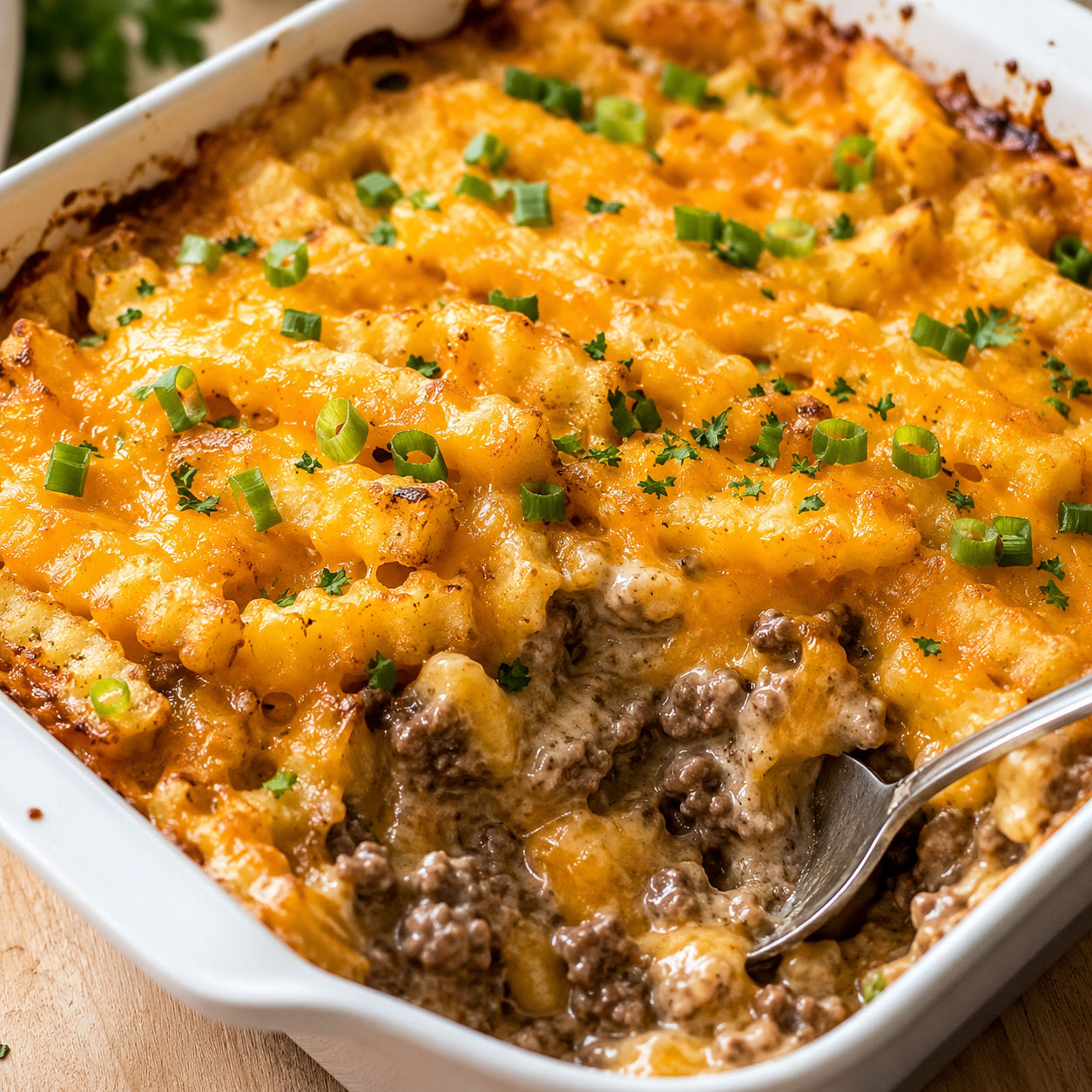 Cheesy french fry casserole with ground beef and parsley in a baking dish
