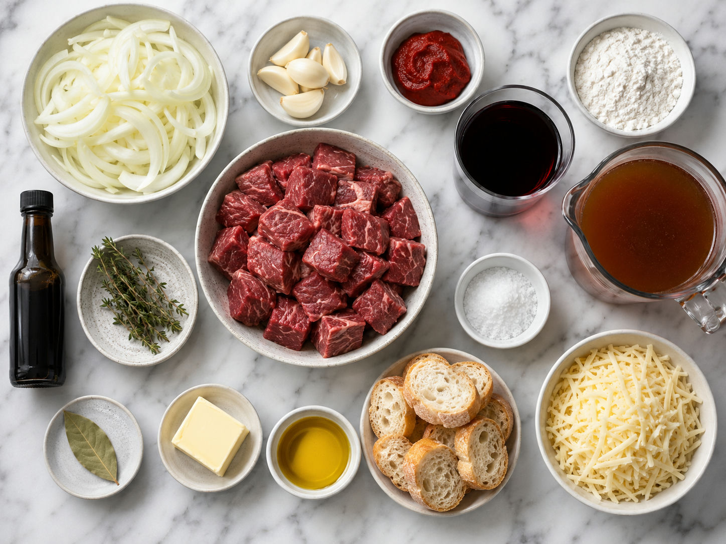 Ingredients for French Onion Beef Stew with beef, onions, wine, and Gruyere