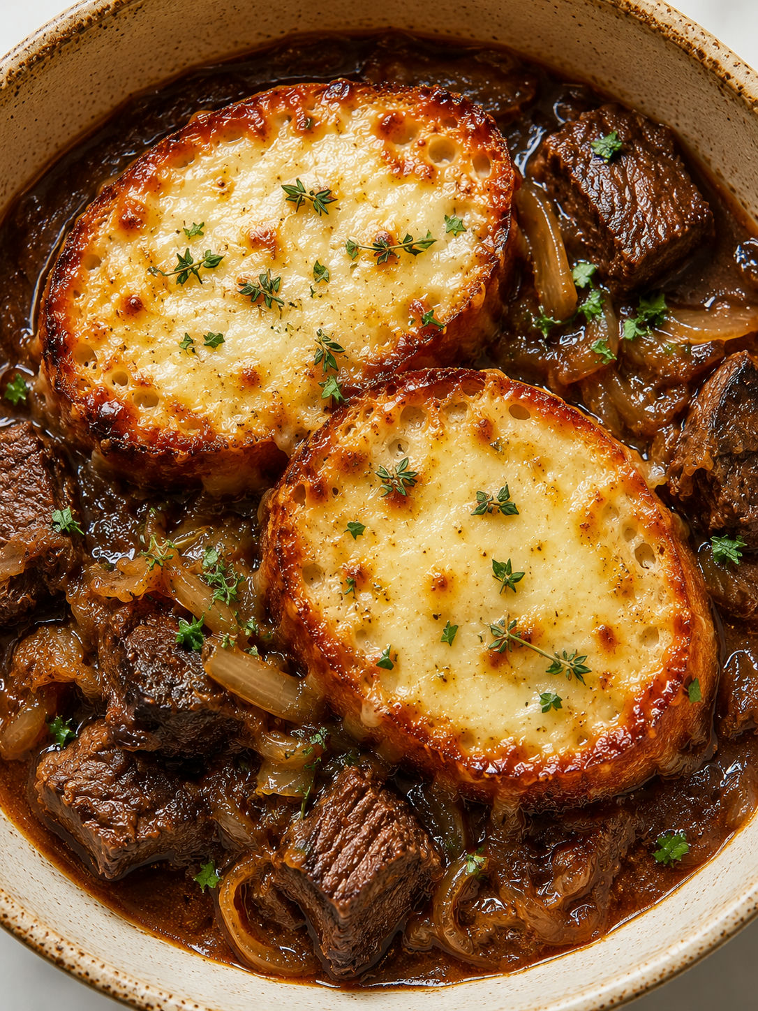 French Onion Beef Stew topped with melted Gruyere baguette toasts