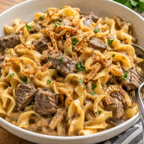 French Onion Beef and Noodles with crispy onions and parsley
