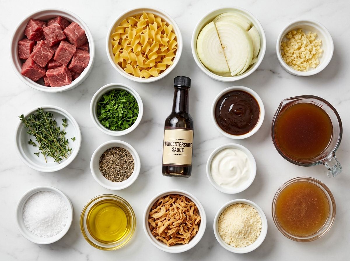 Ingredients for French Onion Beef and Noodles on a wooden table