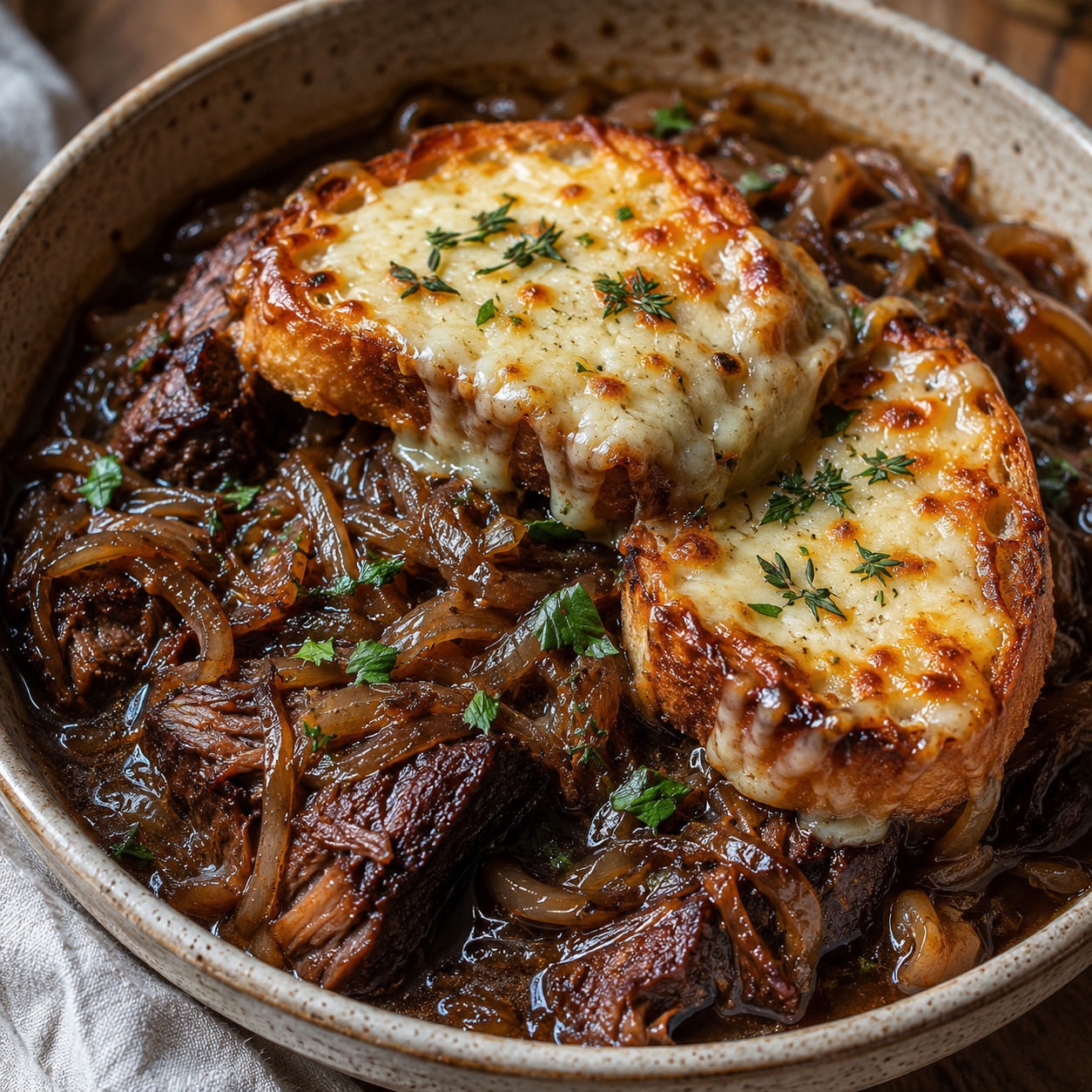 French onion short ribs with melted Gruyère toast and caramelized onions