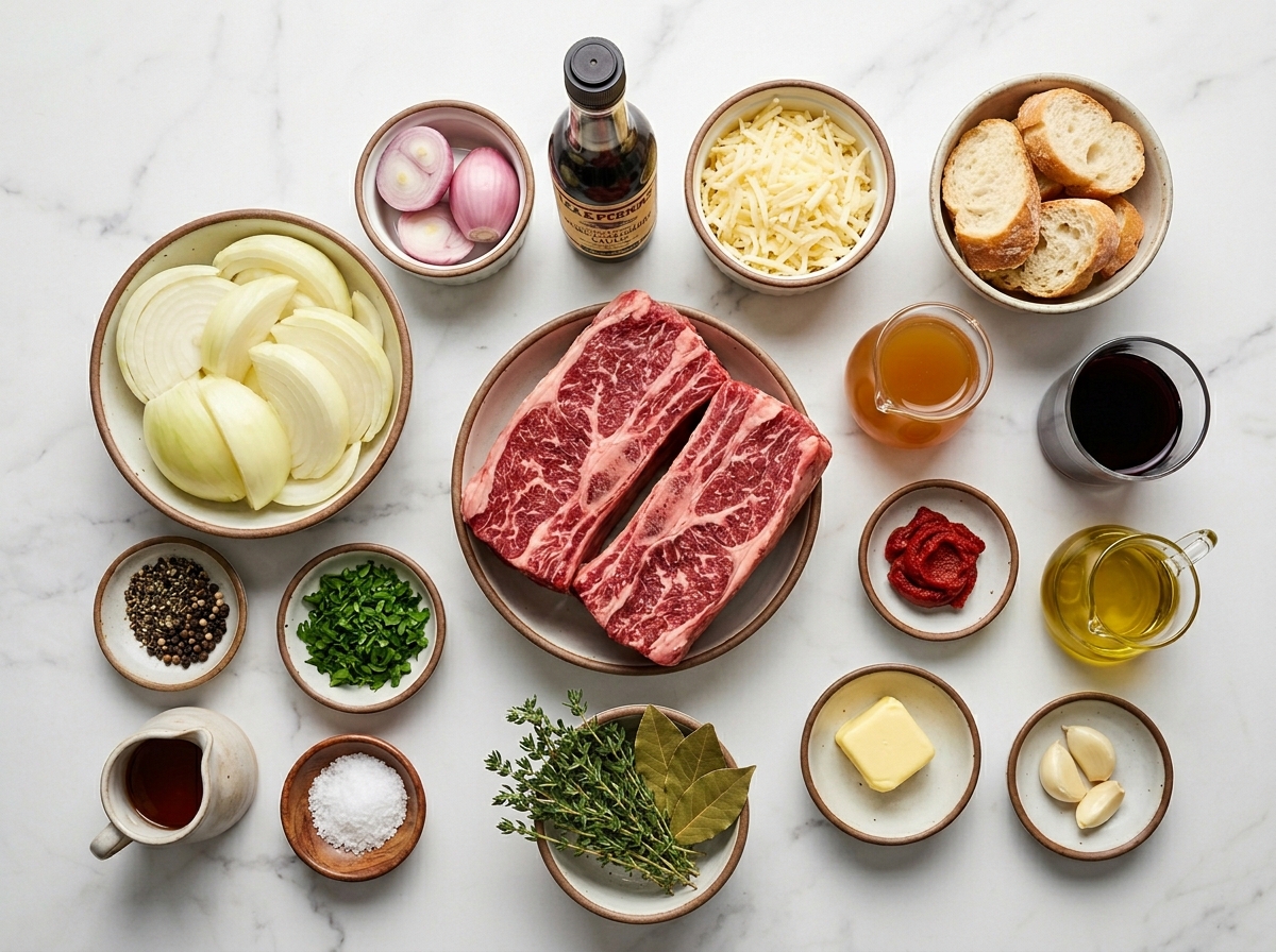 Short ribs, onions, Gruyère, baguette, herbs, wine, and broth ingredients