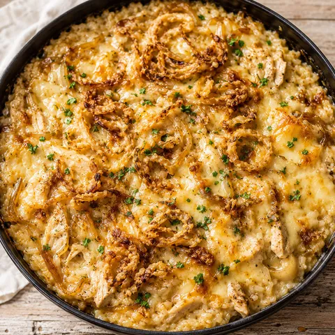 French onion chicken rice casserole with browned cheese and crispy onions