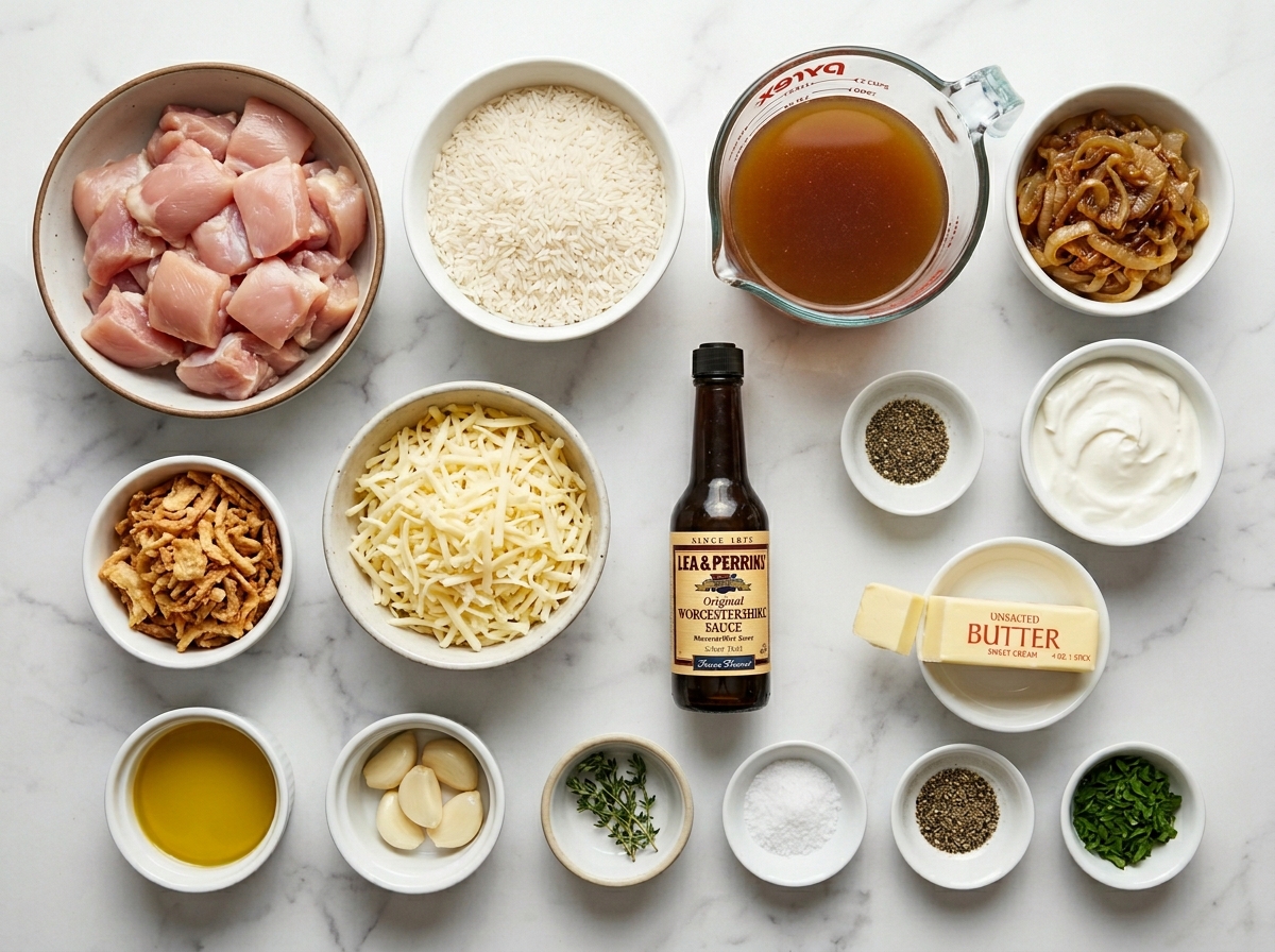 Ingredients for French onion chicken rice casserole on a wooden surface