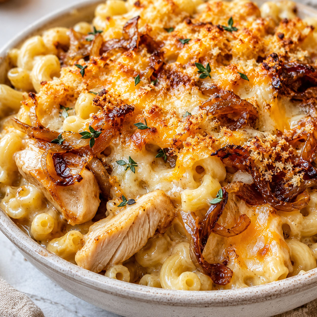 French onion chicken macaroni with caramelized onions and melted cheese