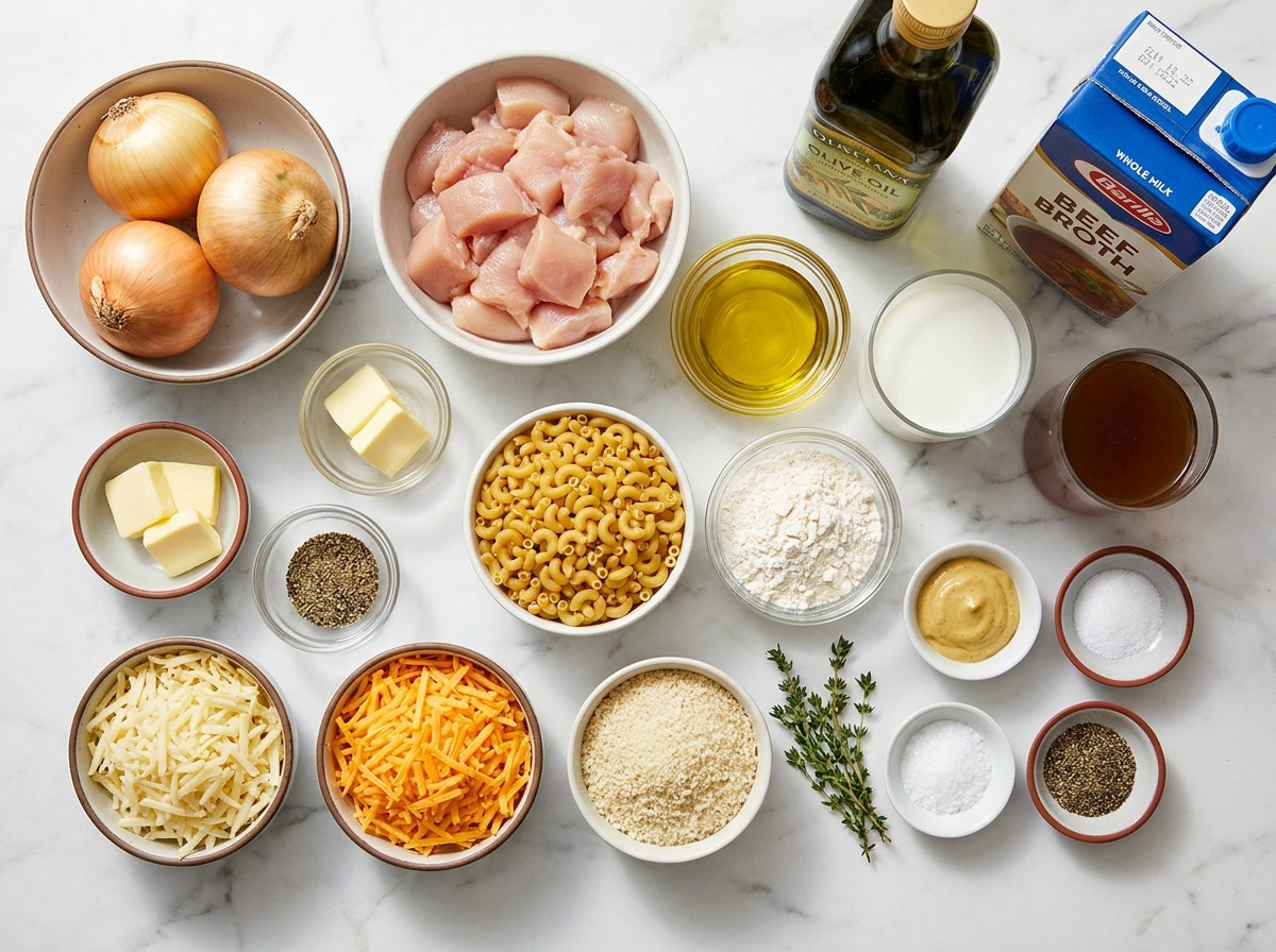 Ingredients for French onion chicken macaroni with onions cheese and pasta