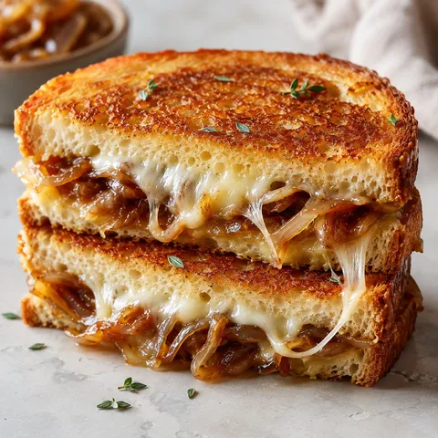 French onion grilled cheese with Gruyere and caramelized onions on sourdough