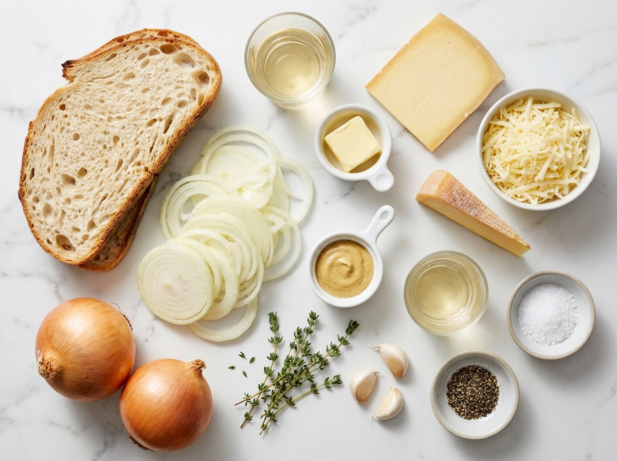 Ingredients for French onion grilled cheese with onions, Gruyere, and sourdough