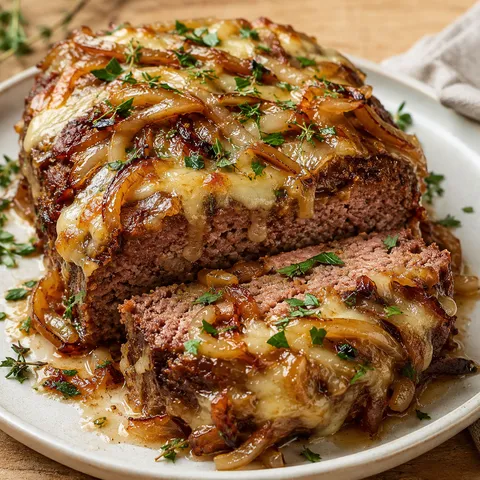 French onion meatloaf with caramelized onions and melted Gruyère