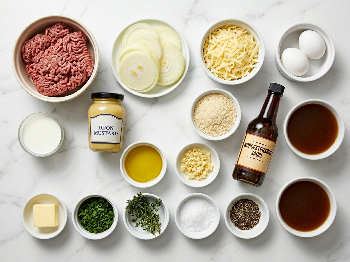 Ingredients for French onion meatloaf with Gruyère on a counter
