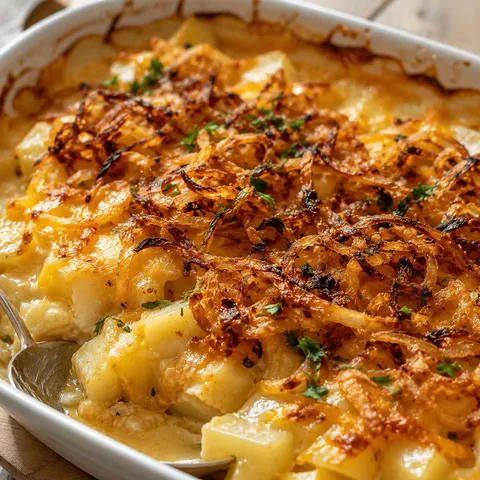 French onion potatoes with crispy onions in a white baking dish