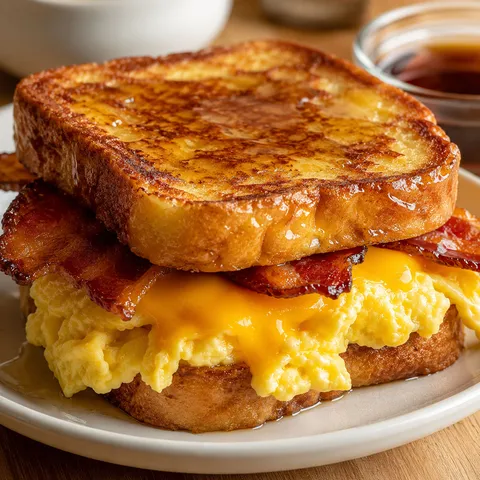 French toast breakfast sandwich with bacon, eggs, cheddar, and maple syrup