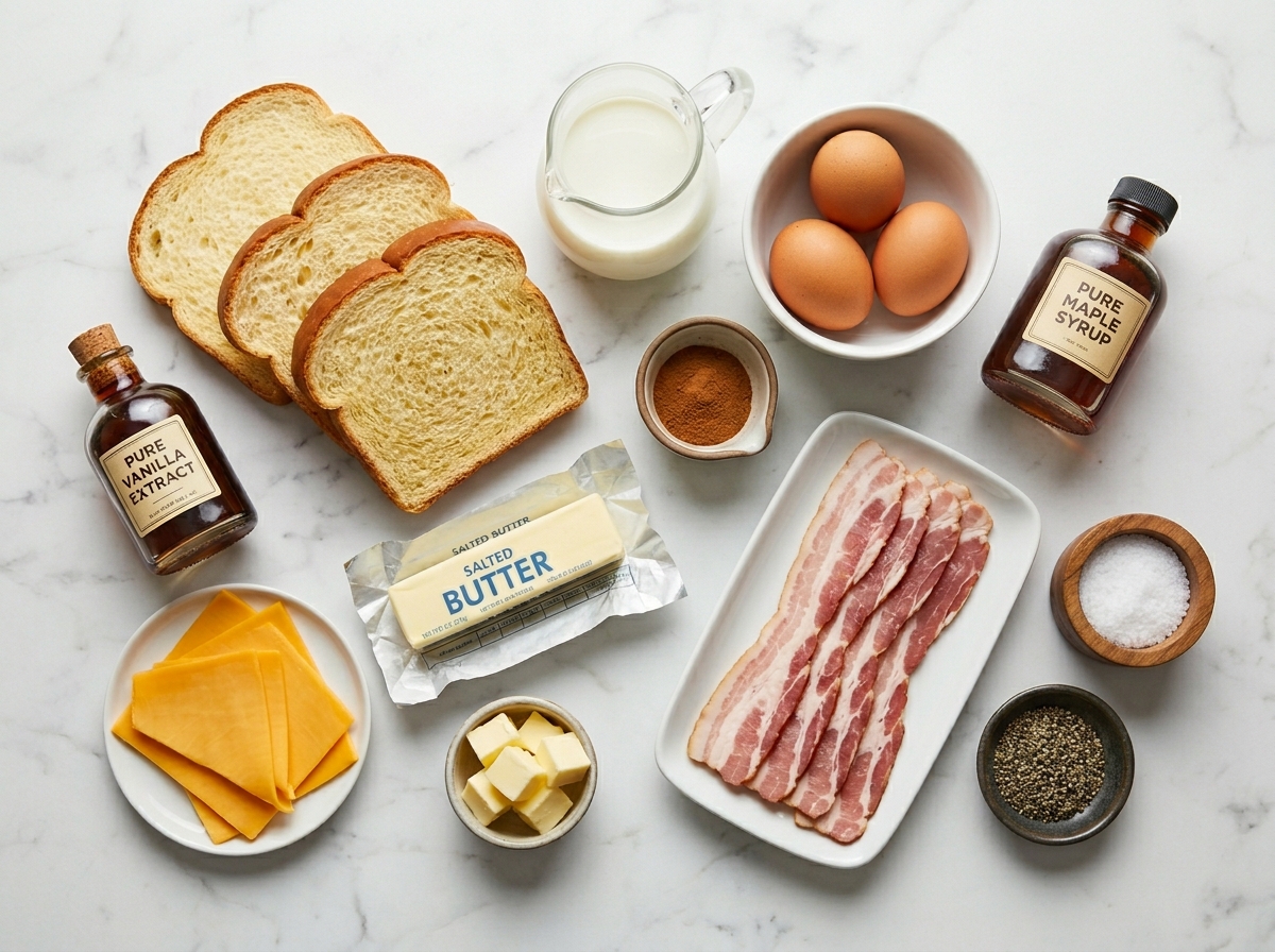 Ingredients for a French toast breakfast sandwich on a wooden counter