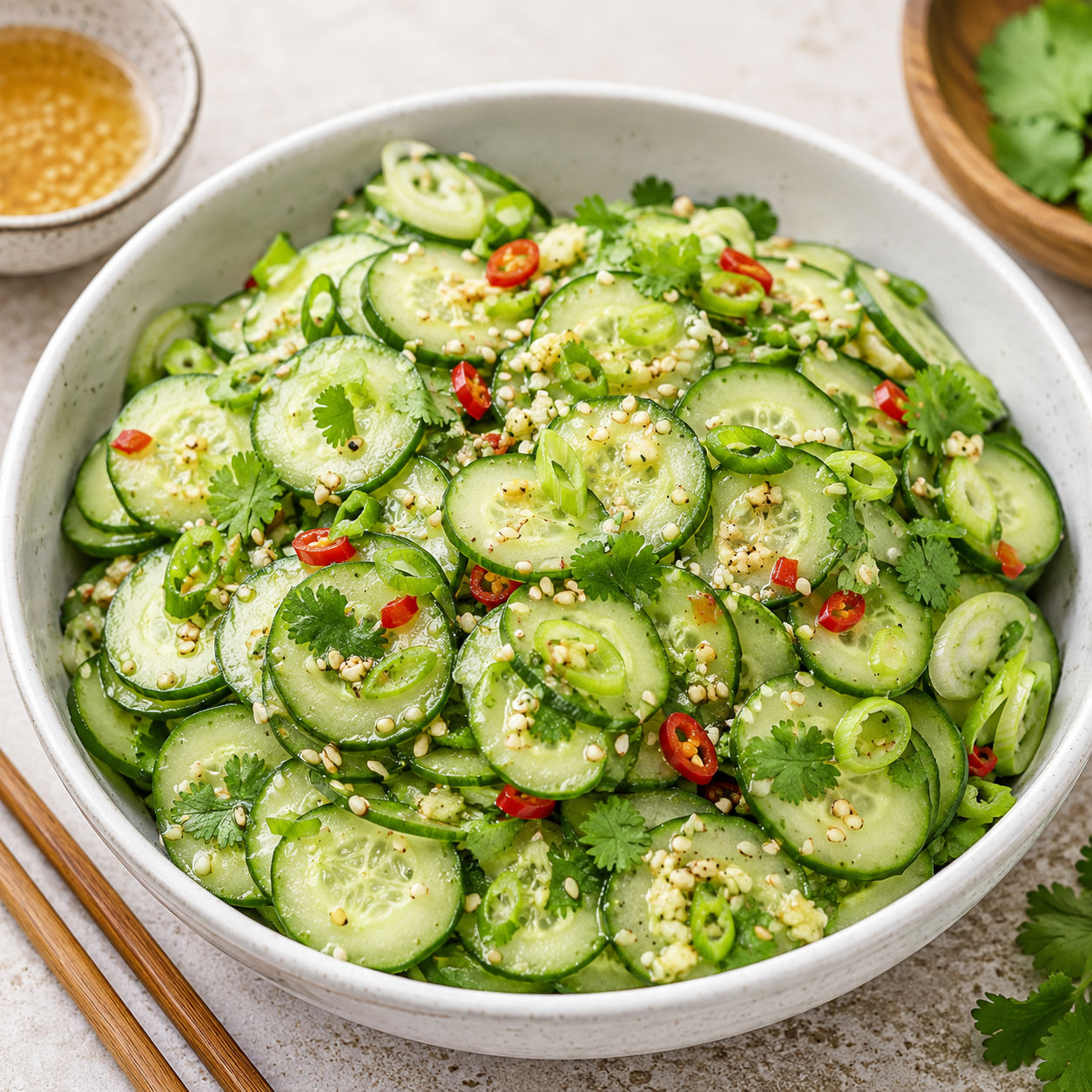 Asian cucumber salad with sesame seeds, cilantro, scallions, and red chili