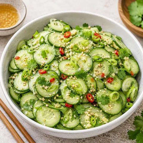 Asian cucumber salad with sesame seeds, cilantro, scallions, and red chili